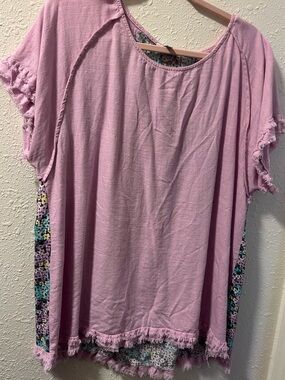Women's Soft Pink Fringe Short Sleeve Top with Floral Side Panels